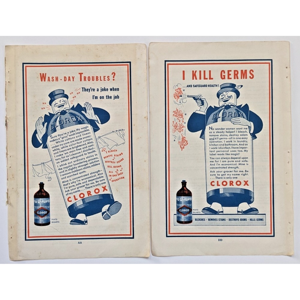 Vintage 1930s Clorox Bleach Print Ad Pamphlet Clorox Jar Mascot Laundry Cleaning